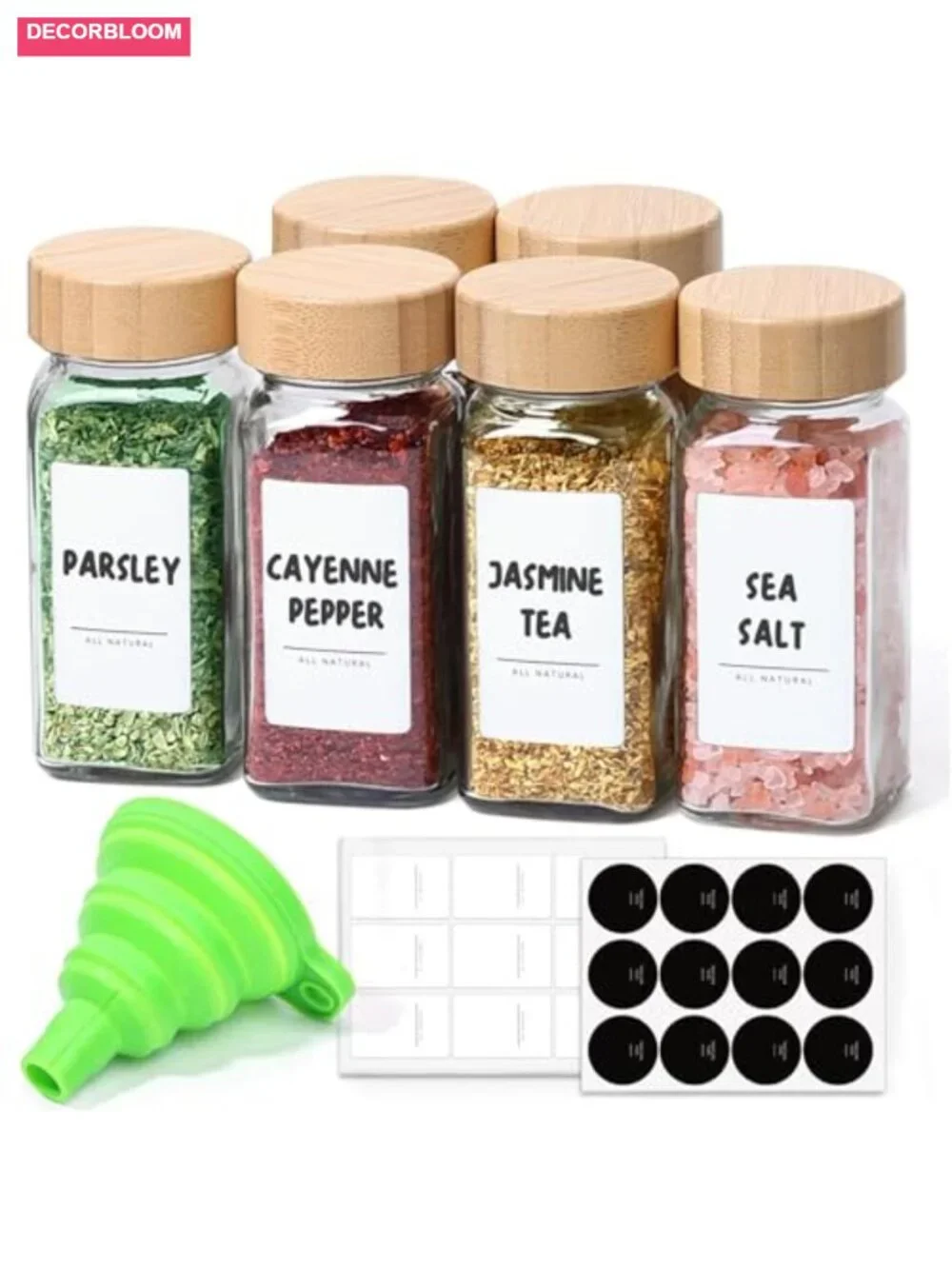 Glass Spice Jars Set of 6 with Bamboo Lids, Square Seasoning Containers 4oz,